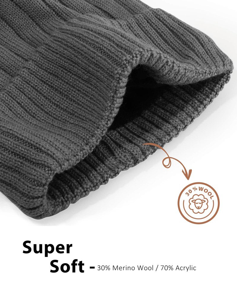 LiuSuper Wool Beanie Winter Hat - Unisex Warm Knitted Cap with Wool Lining, Oversized Fit Black Grey