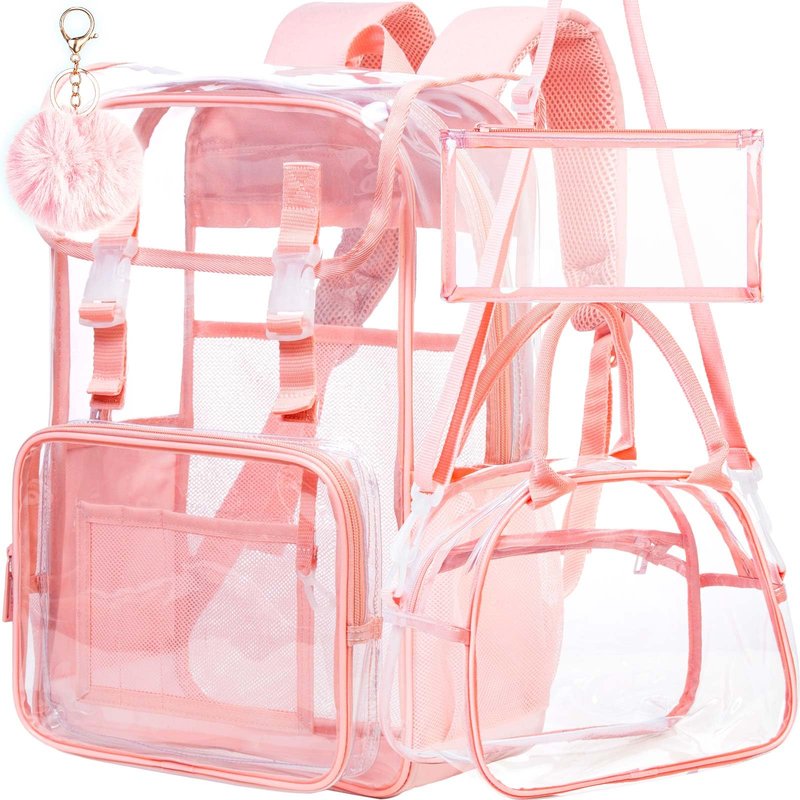 FTJCF 3PCS Pink Clear Backpack, Heavy Duty Transparent Bookbag for Women Girls, Stadium Approved See Through Backpack Set (Pink)