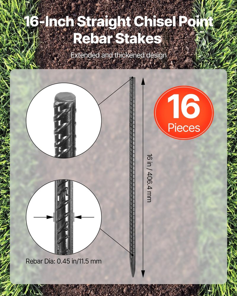 VEVOR Rebar Stakes, 24-Inch, Heavy-Duty 0.47 in Diameter, Straight Galvanized Steel Ground Anchors with Chisel Point End & Rust-Resistant Coating, for Gardening Support, Fence, Camping Tents (20-Pack)