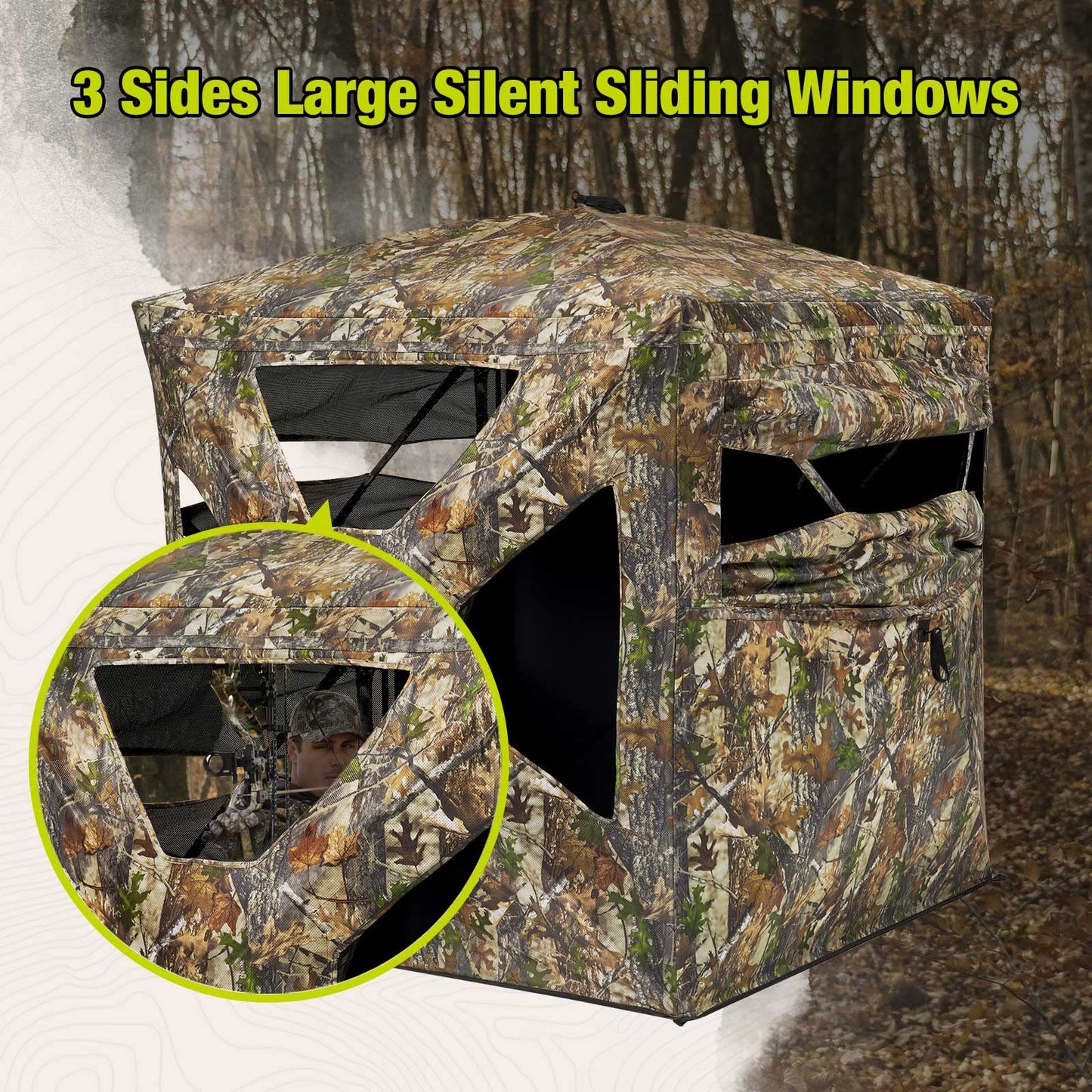 TIDEWE Hunting Blind 270° See Through with Silent Magnetic Door & Sliding Windows, 2-3 Person Pop Up Ground Blind with Carrying Bag, Portable Resilient Hunting Tent for Deer&Turkey Hunting(Camouflage)