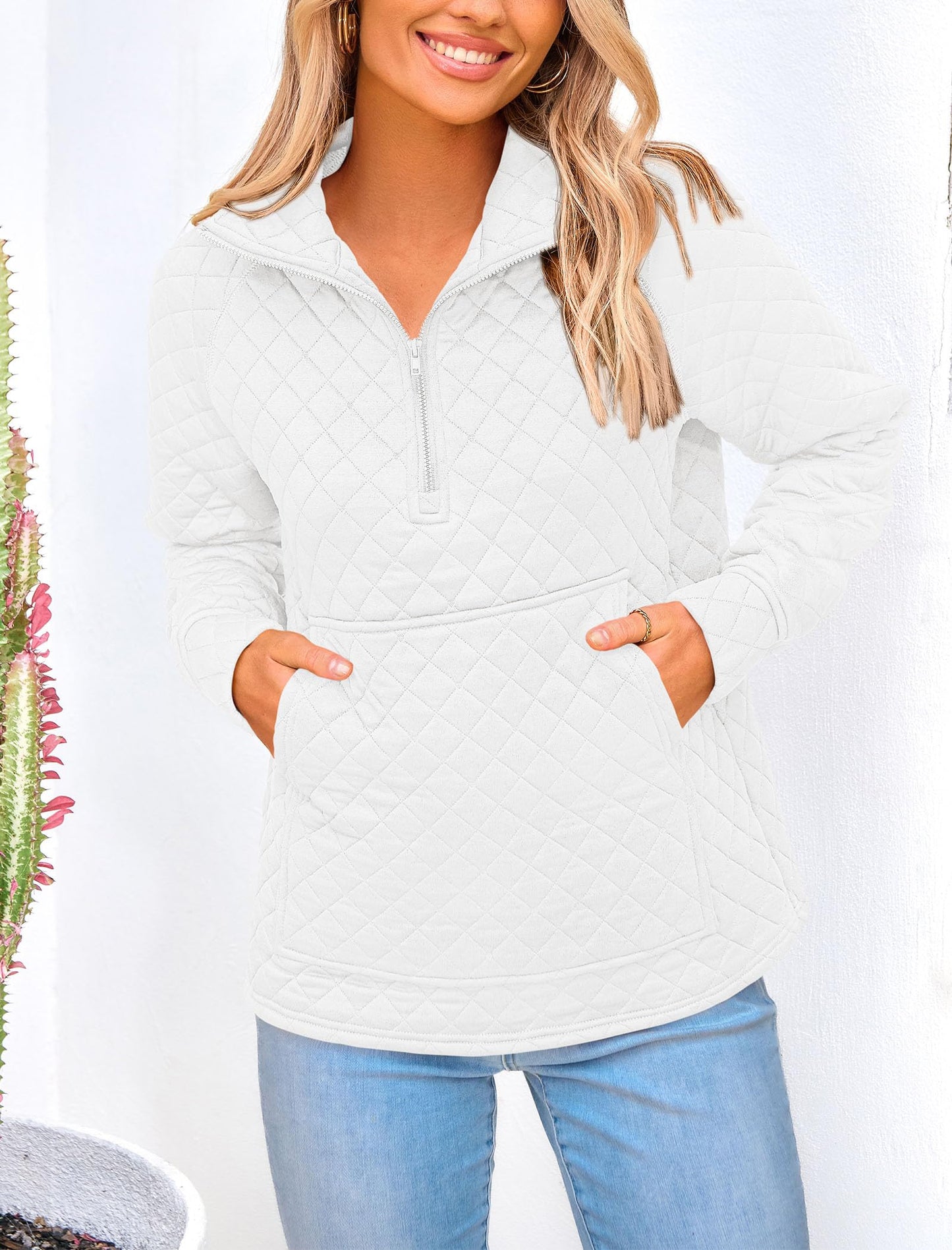 PRETTYGARDEN Women's Winter Quilted Sweatshirt Casual Quarter Zip Collared Long Sleeve V Neck Pullover Tops (White,Large)