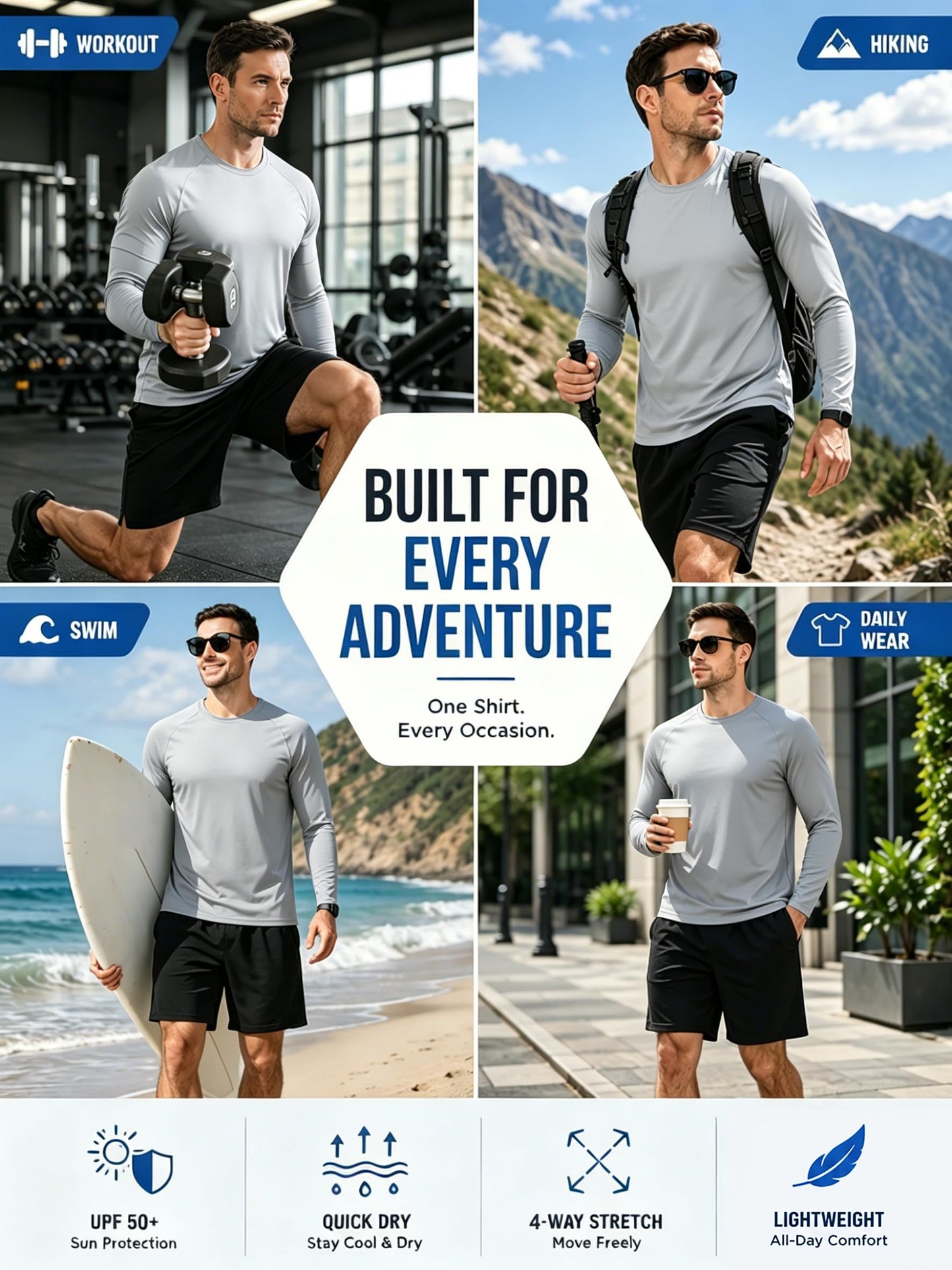 Mens Rash Guard Shirt Sun Shirts Long Sleeve UV Sun Protection SPF T-Shirts UPF 50+ Fishing Swim Shirts for Men Workout Shirt 3 Pack