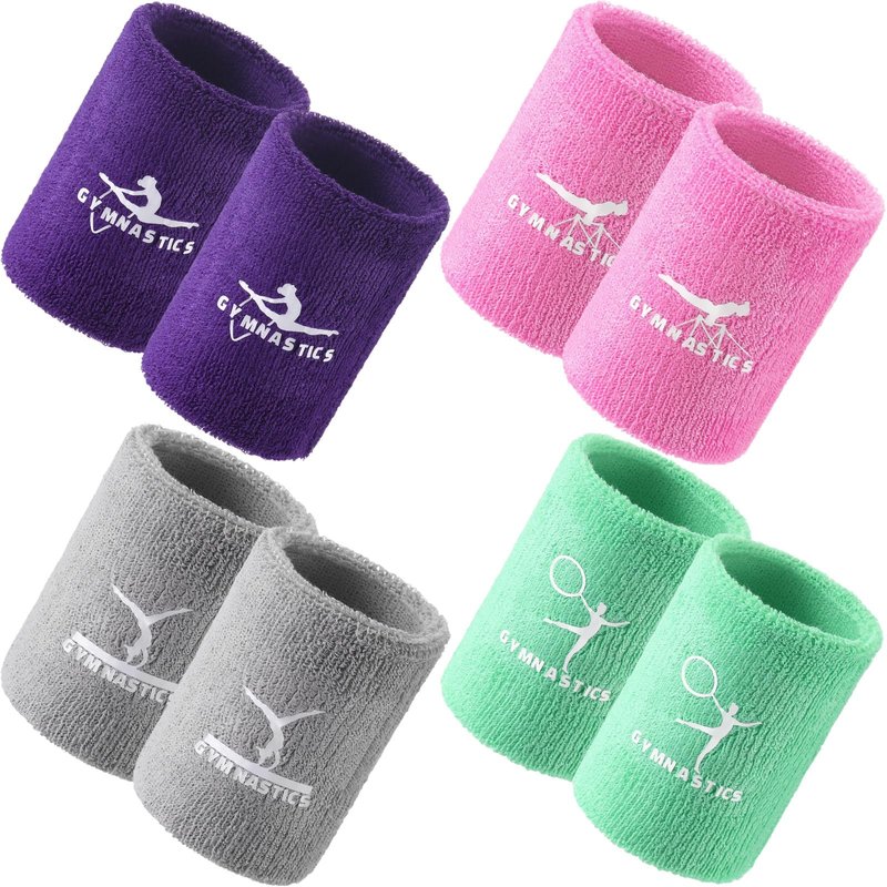 Blosssound 4 Pairs 3.9 Inch Gymnastics Sports Wristbands for Kids Wrist Sweatbands Polyester Cotton Wrist Bands Sweat Band for Gym(Pink, Purple, Gray, Green)
