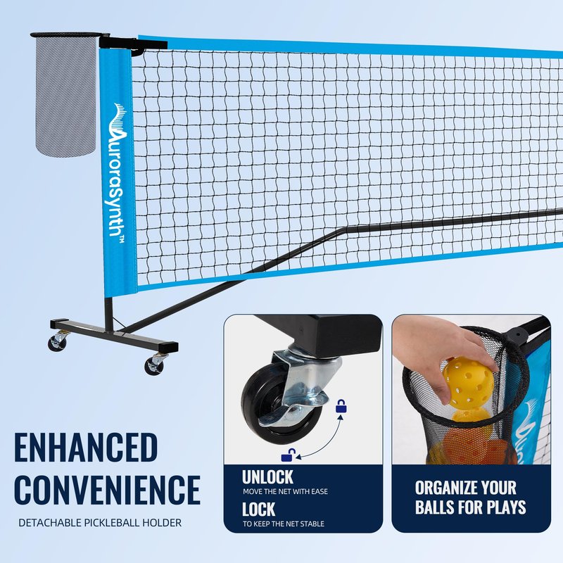 AuroraSynth Portable Pickleball Net Set with Wheels, 22 x 3ft Regulation Size Pickle Ball Net with Ball Collector, 4 Pickle Balls, 4 Pickleball Paddles, Carry Bag for Backyards, Driveway, Garage