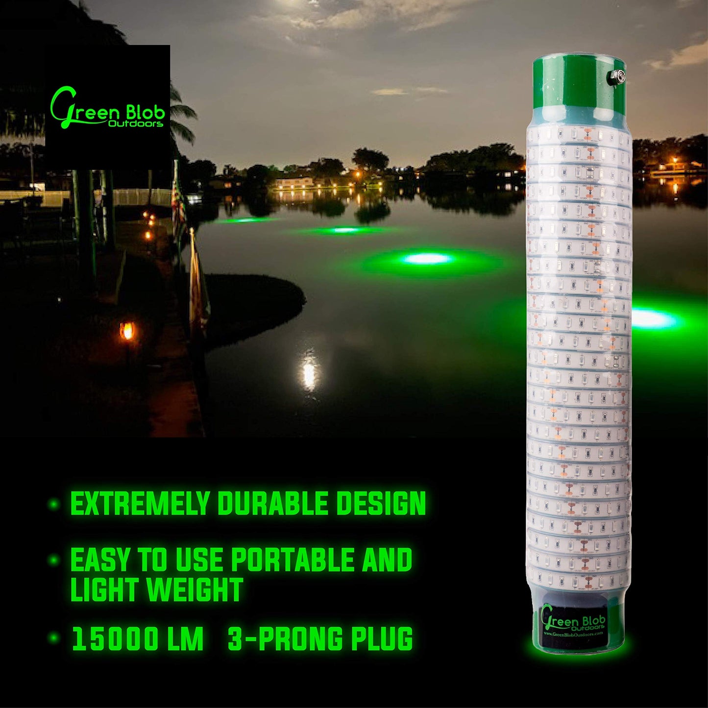 Green Blob Outdoors Underwater Fishing Lights, American Made, Docks and Boats, Brightest Fish Attractor for Snook, Bass, Crappie, Striper, Bait, Catfish and More (Green, 110V 15000 30ft)