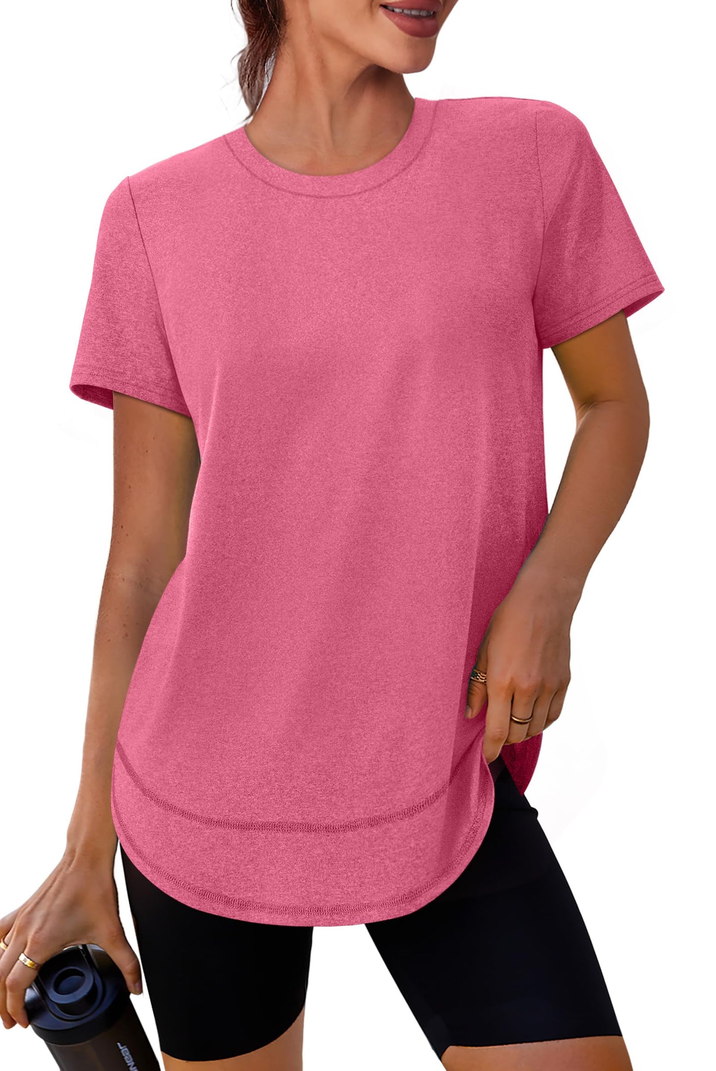 Short Sleeve Shirts for Women Workout Yoga Tops Sun Protection Clothing Summer Outfits Rash Guard Side Slit Red XL
