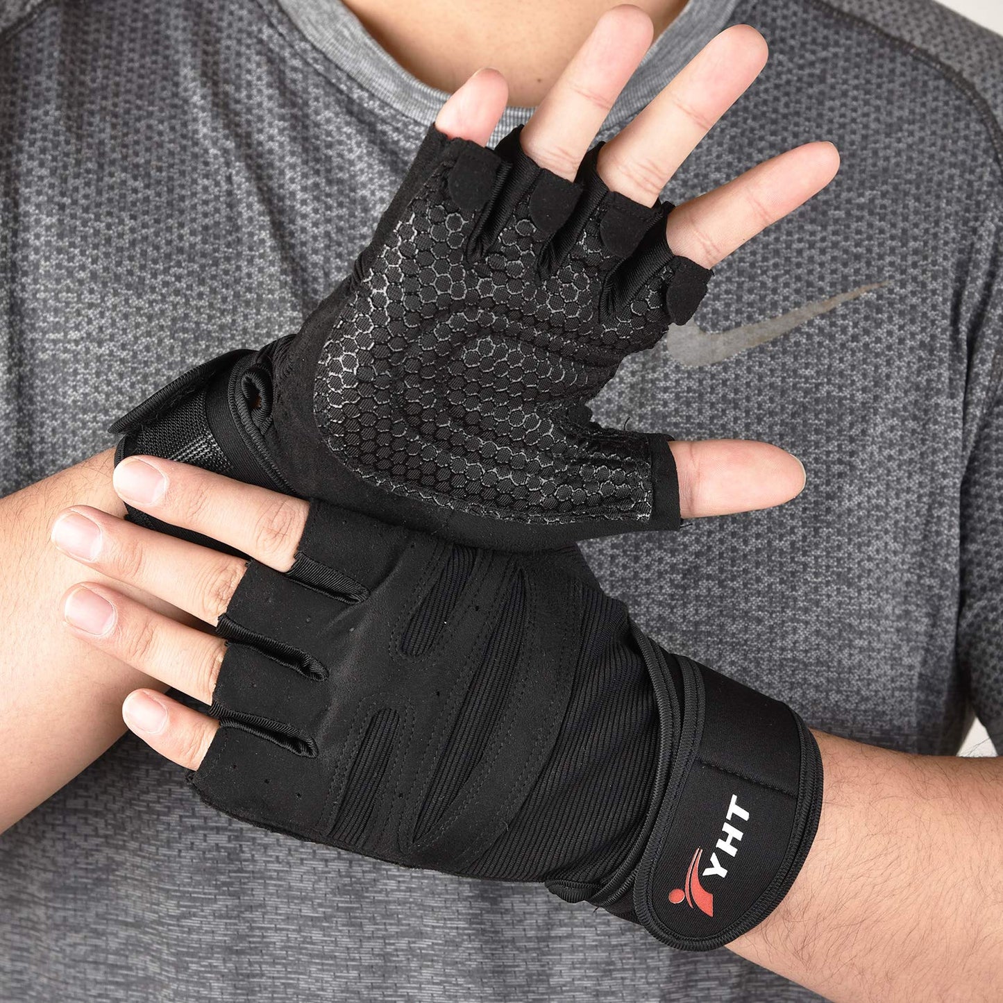 YHT Workout Gloves, Full Palm Protection & Extra Grip, Gym Gloves for Weight Lifting, Training, Fitness, Exercise (Men & Women) (Half Finger Black, Medium)