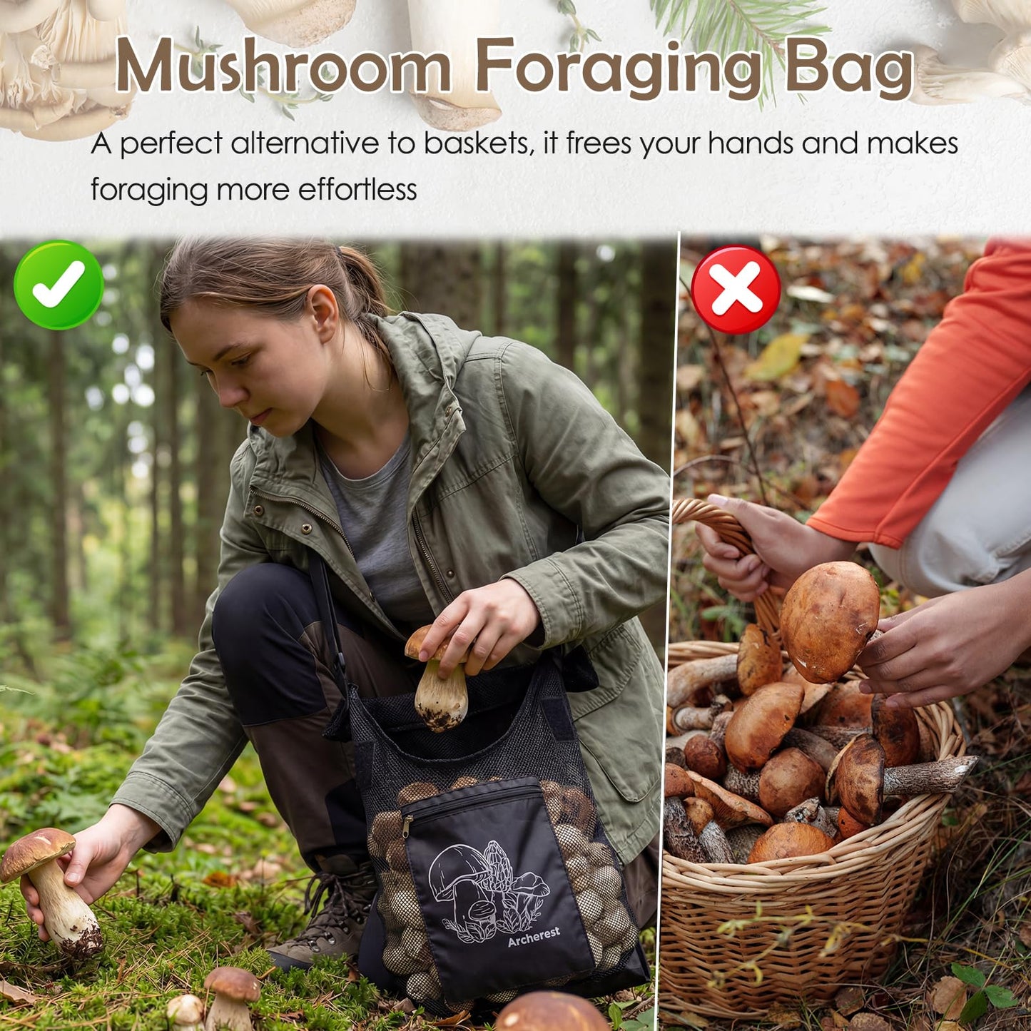 2 Pack D-shaped Opening Mushroom Foraging Bag, Morel Picking Mesh Hunting Pouch for Outdoor Foraging and Fruit, Mushroom Basket Harvesting Bags with Adjustable Shoulder Strap