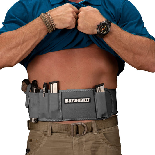 BRAVOBELT Belly Band Holster - Athletic Flex FIT for Running, Jogging, Hiking - G17-43 Ruger S&W M&P 40 Shield | for Men & Women (Grey Ghost, XL - 45" - 55" Belly)