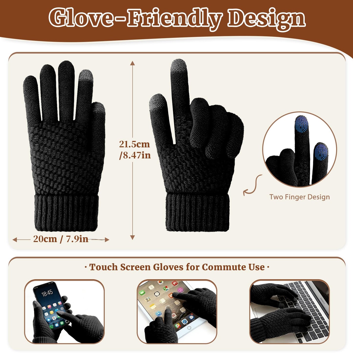 Yeendibo Winter Hat Scarf Gloves Set for Women, Warm Knit Beanie,Touch Screen Gloves and Soft Neck Warmer, 3-Piece Acrylic Knit Winter Bundle(Black)