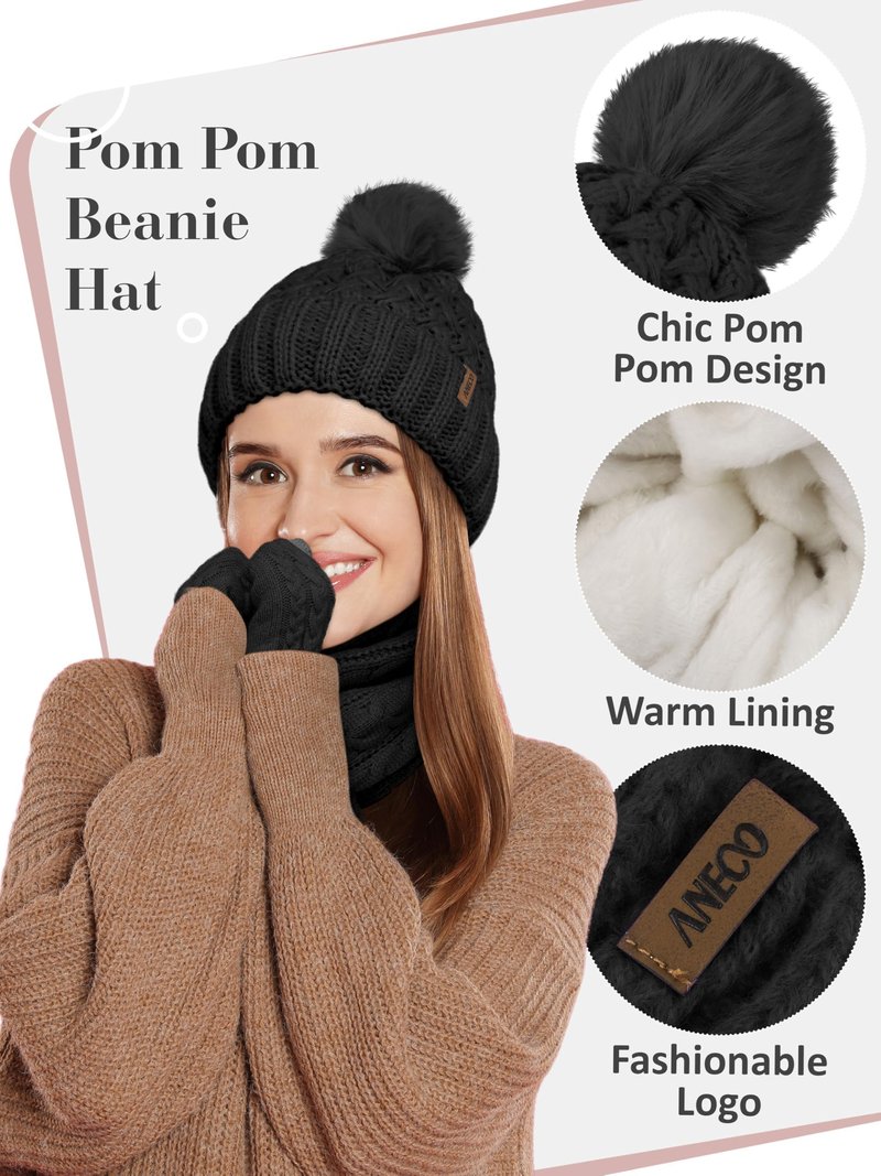 Aneco Women Winter Beanie Hat Scarf Gloves with Pom Pom Fleece Lined Touchscreen Gloves Set Thick Warm Knit Cap 3-in-1 Set Black