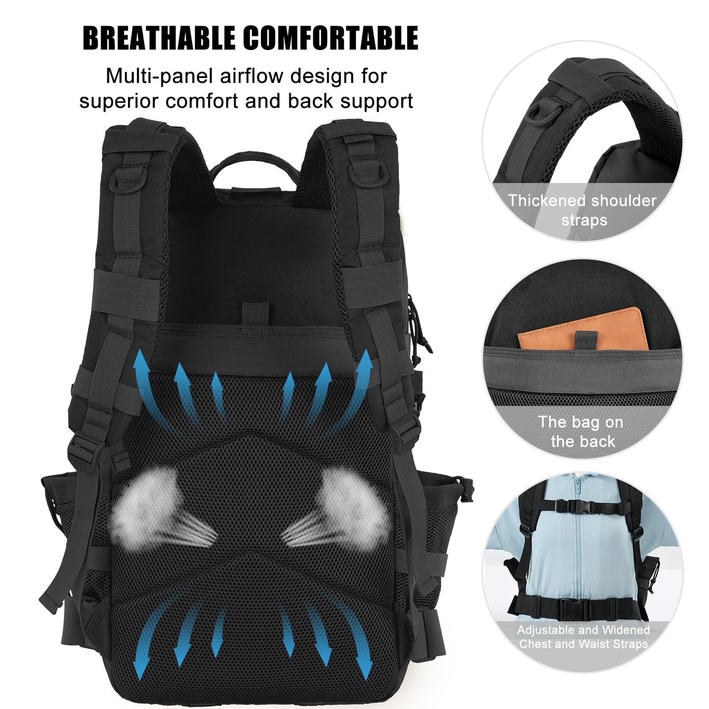 kookoomia 50L Military Tactical Backpack Large Day Backpack for Men Molle Army 3 Days Assault Pack Bug Out Bag Water Resistant and Heavy Duty Hiking Treeking Rucksack - Black