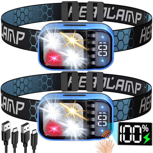 Headlamp Rechargeable, 2Pcs Flashlight 1500 Lumen Head Lamp Bright LED White Red Warm Light, Headlight Waterproof Motion Sensor- Camping Essentials, Hiking Survival Gear, Fishing, Emergency Supplies