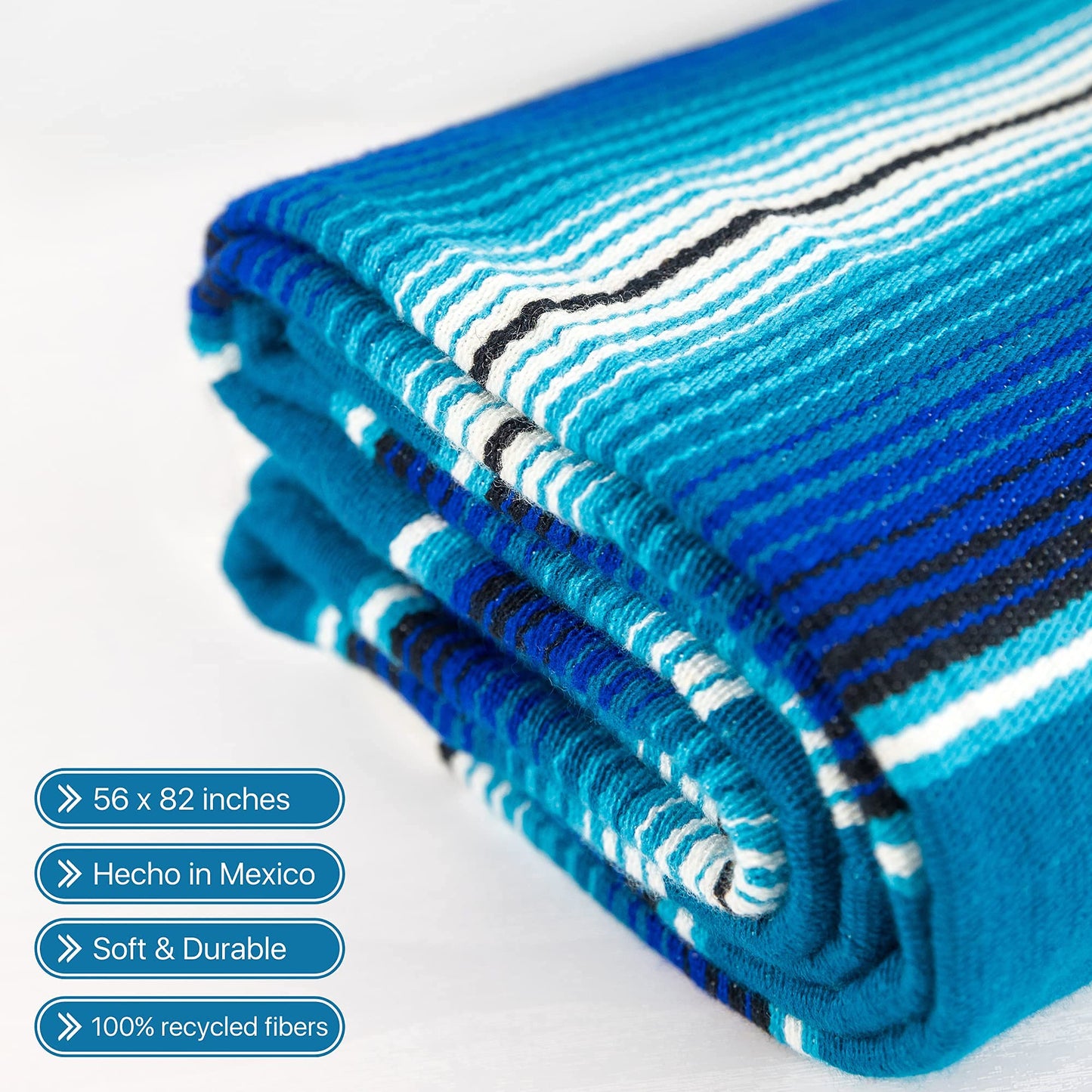 Benevolence LA Authentic Large Mexican Blanket | Thick Serape Blanket | Mexican Blankets and Throws, Outdoor Blankets, Saddle Blanket, Table Runner Tablecloth | Large Picnic Blanket 56 x 82 - Azul