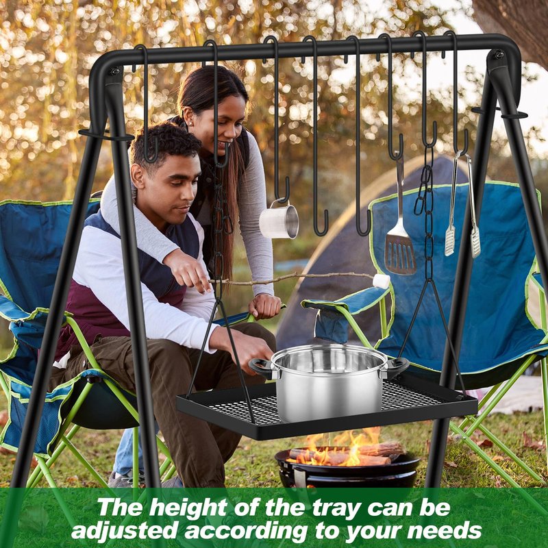 Rossesay Campfire Swing Grill Stand Adjustable Campfire Cooking Equipment Camping Accessories Cookware Hanging Rack with 8 Hooks and Portable Grill Stand for BBQ Picnic Outdoor Party(Normal Tray)