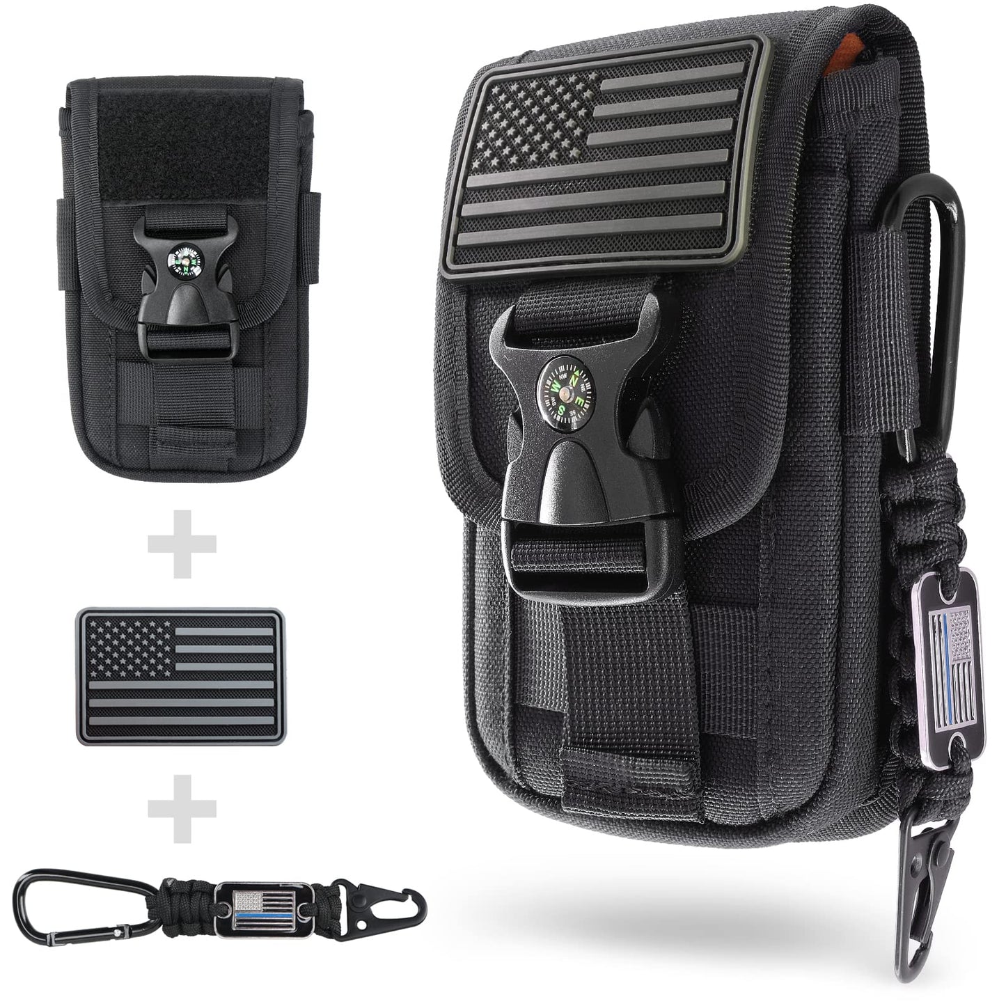 WYNEX Tactical Molle Phone Pouch with Compass Buckle, Tactical Phone Holster Molle Cell Phone Pouch Universal Belt Waist Bag for IP 15/14/13 Pro Max / S22/S21 with US Patch & Paracord Keyring Clip