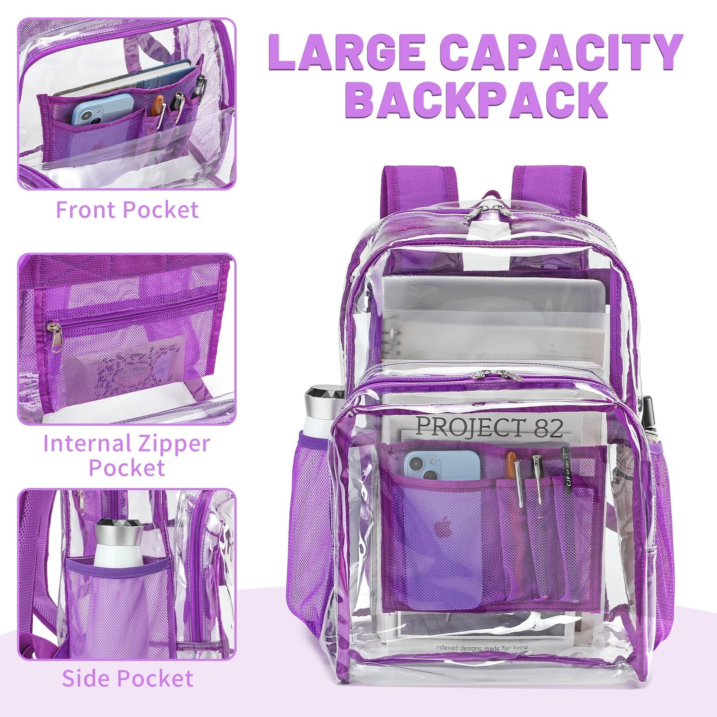 YGR Clear Backpack Heavy Duty PVC Transparent Backpack See Through Large Capacity Multiple Pockets Bookbag for Concert Work Security Travel Festival Purple