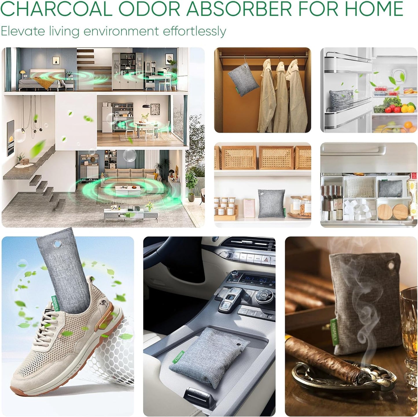 Activated Charcoal Odor Absorber - Bamboo Charcoal Air Purifying Bags for Home, Car & Closet | 6 x 50g