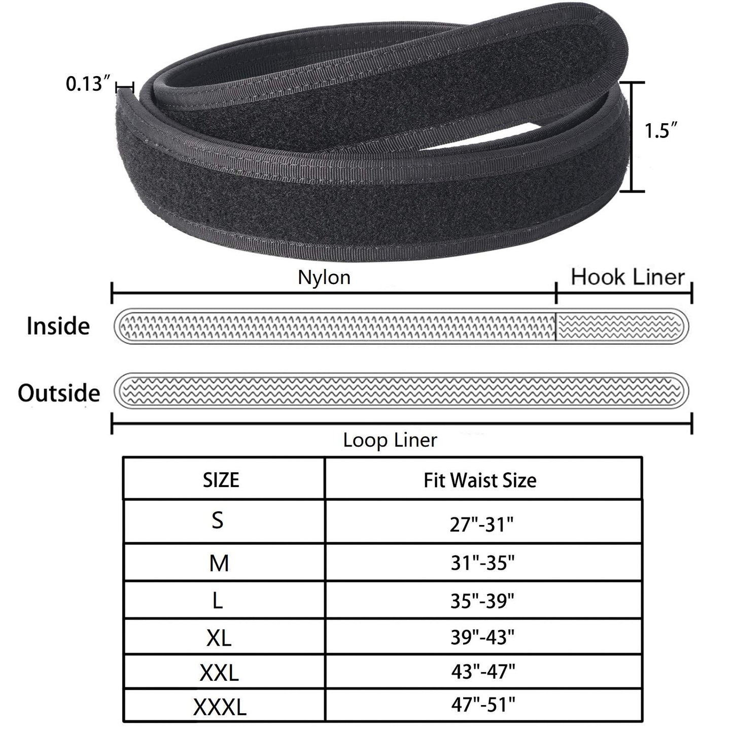 Vianyer 1.5" Inner Belt Loop Liner Belt for Tactical/Duty Outer Belt No Scratch No Metal Buckleless Mechanics Belt M