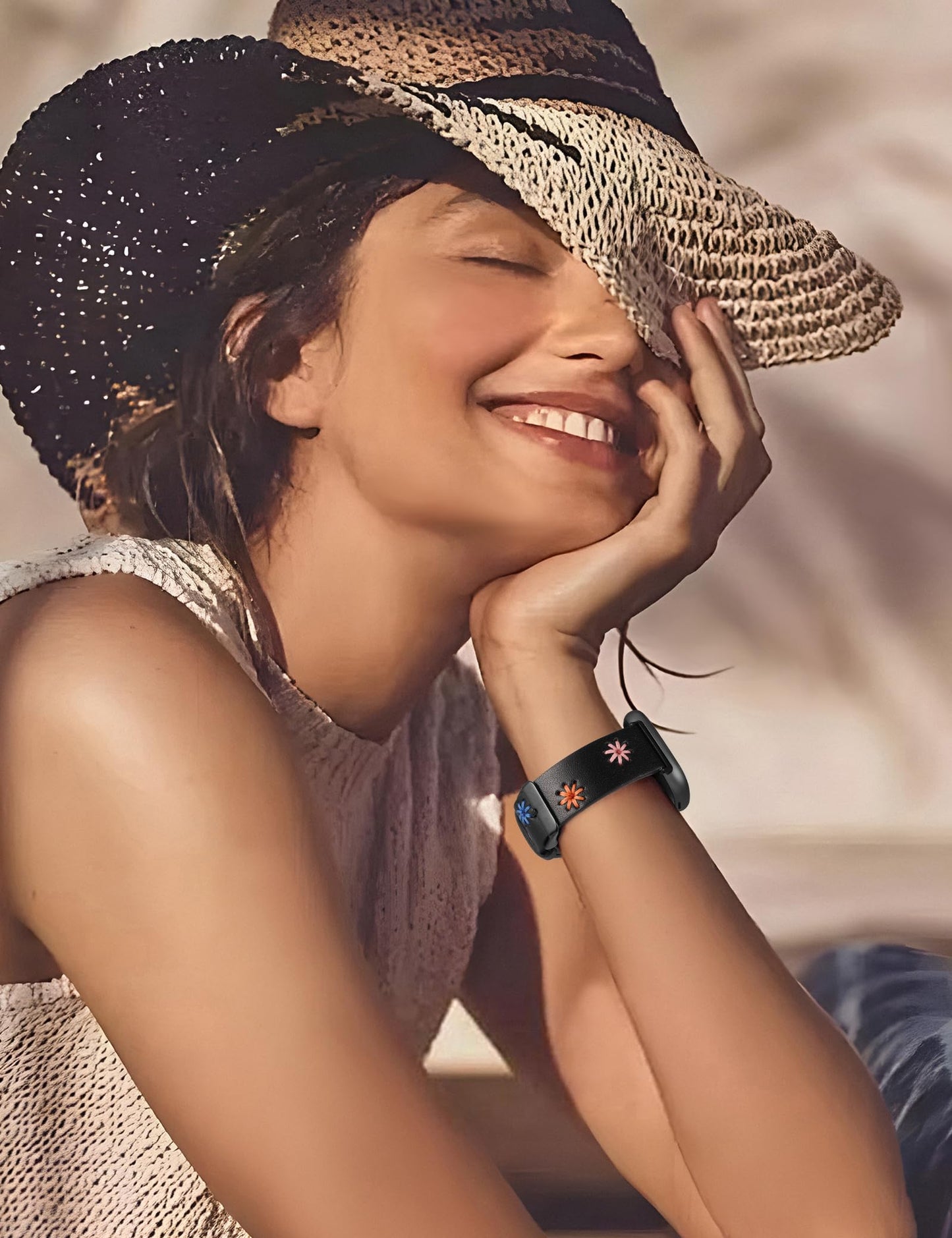 Wearlizer Leather Band Compatible with Fitbit Versa 4/Versa 3/Sense 2/Sense Band Women, Boho Cute Colorful Daisy Floral Handmade Stitched Fancy Stylish Strap Black/Black
