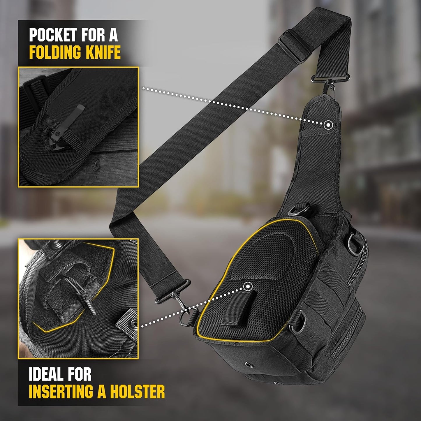 Tactical Crossbody Sling Bag for Men - Black Military EDC Backpack | Versatile Travel Chest Pack with Carabiner