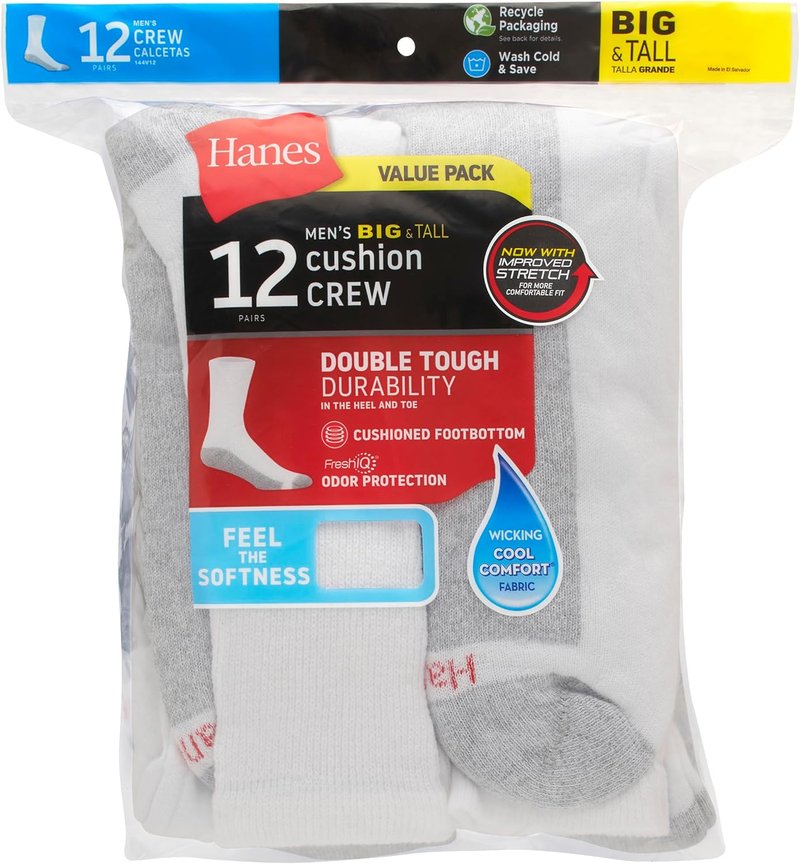 Hanes Men's Double Tough Moisture-Wicking Crew & Ankle Socks - Black & White Multi-Packs