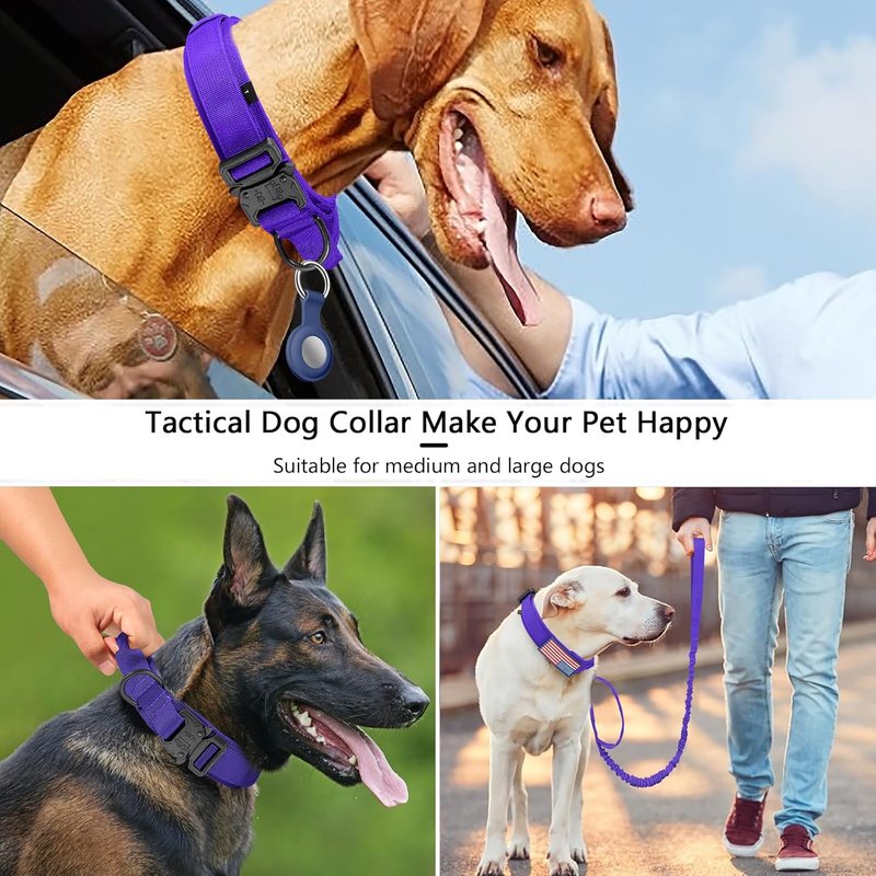 Tactical Dog Collar - Adjustable Military Nylon with Control Handle & Heavy Metal Buckle | Purple Set, Large