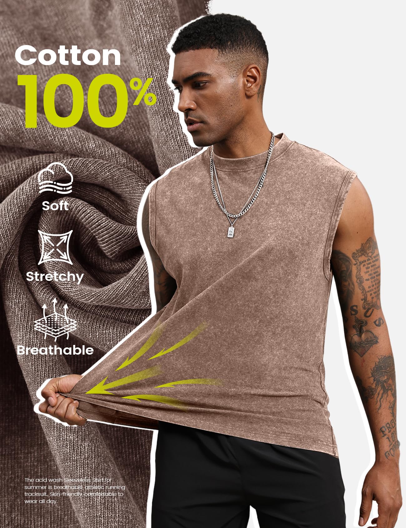 Yimoon Mens Tank Tops Workout Sleeveless Shirts Cotton Acid Wash Tees Loose Gym Muscle Shirts(BlackKhakiBeige-L)
