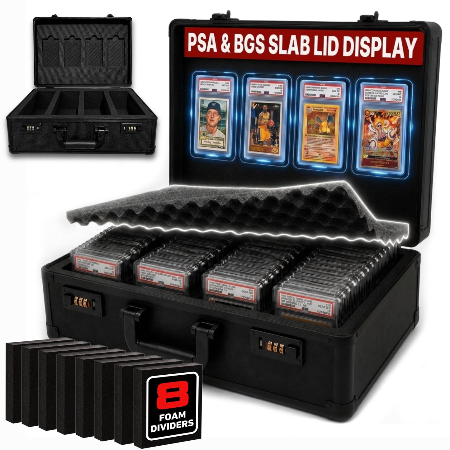 Graded Card Case - Durable PSA Slab Case with Combination Lock - 4 Row Graded Card Storage Box with 8 Foam Inserts - Also Compatible with PSA, GMA, HGA, NGS, SGC, CSG - Holds up to 640 Top Loaders