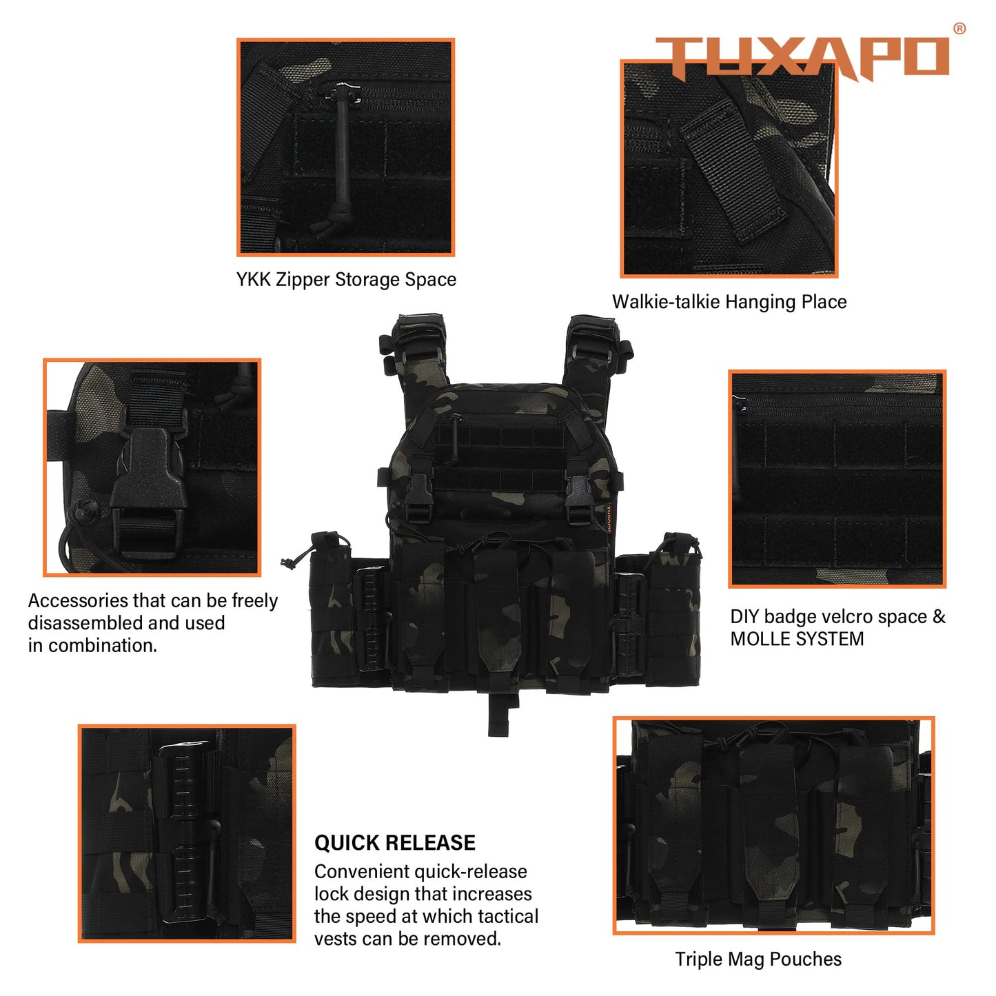 Tuxapo Tactical Molle Vests with Triple mag Pouch and Side Cummerbund Pouches, Quick Release Vests for Men