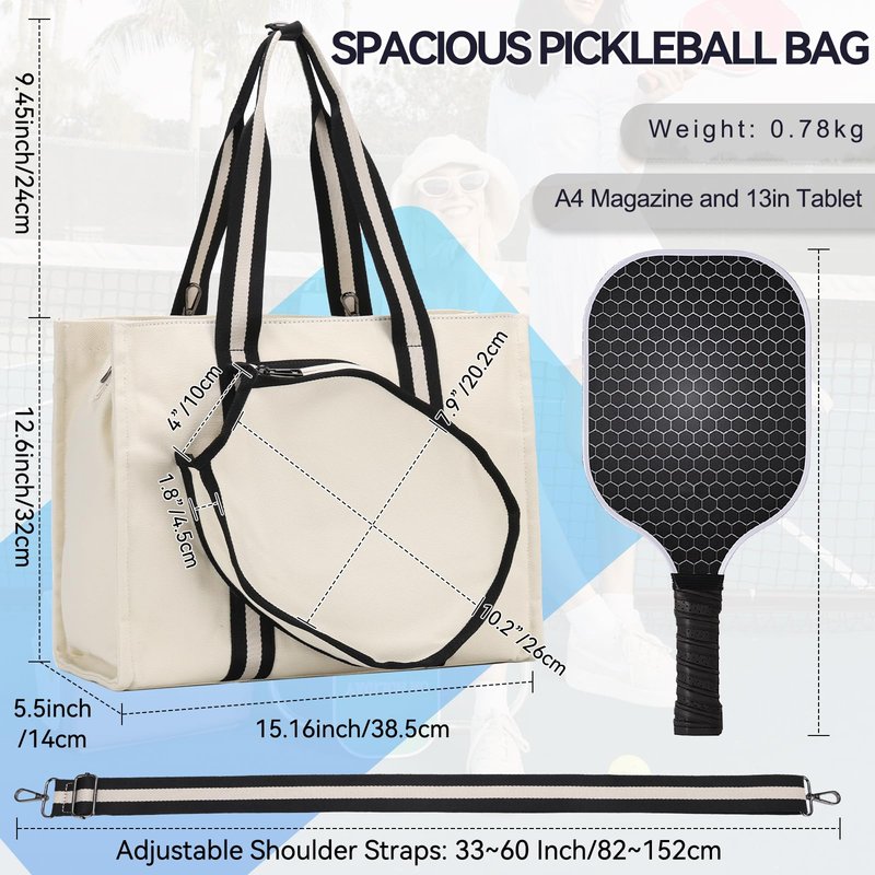 VASCHY Pickleball Tote Bags For Women With Fence Hook, Canvas Pickleball Paddle Holder Case Work/Gym/Sports Tote for 2 Rackets Beige
