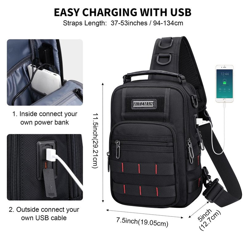 WITZMAN Sling Bag for Men Travel Crossbody Sling Bags with USB Charging Port Casual Chest Bag for Daily Outdoor Work(B730 Black)
