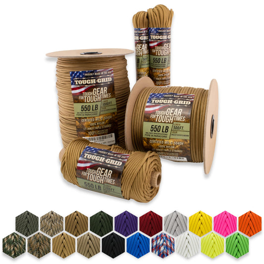 TOUGH-GRID Premium 550 Paracord/Parachute Cord - 100% Nylon Mil-Spec Type III Paracord Rope Used by The US Military, Great for Bracelets and Lanyards, Tactical Paracord 50Ft. - Grizzly (Coyote) Brown