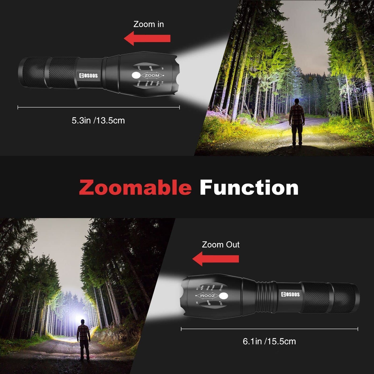 COSOOS 2 Tactical Flashlights with Holsters, Bright LED Flashlight 1000 Lumen, 5 Mode Portable Zoomable Waterproof Flash Light for Hiking, Outdoor Camping Gear Essential, No AAA Battery