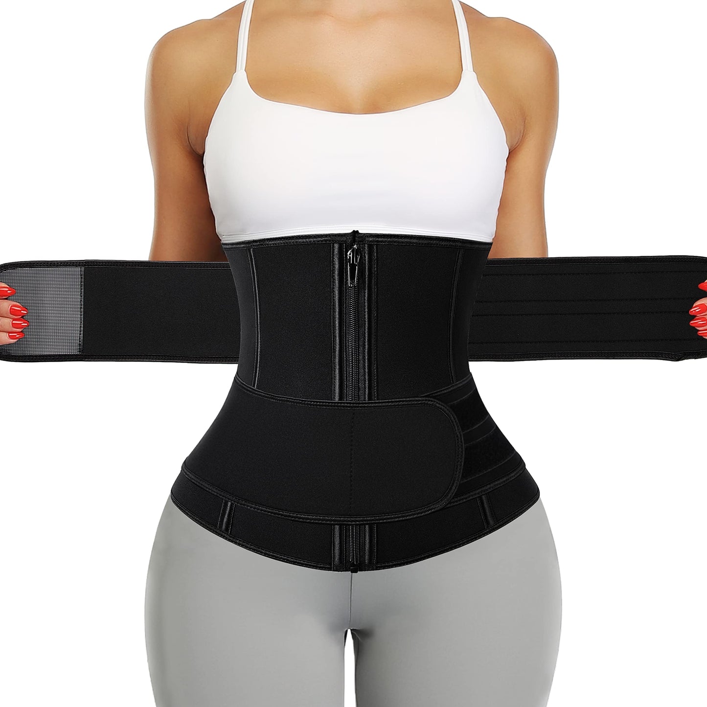 KIWI RATA Neoprene Sauna Waist Trainer Corset Sweat Belt with 2 Straps for Women Double Compression Workout Cincher Back Support Fajas,#2 Zipper Black,X-Small