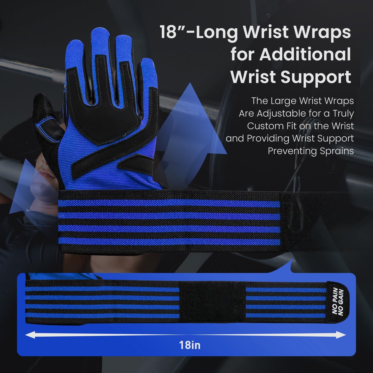 FINGER TEN Weightlifting Workout Gloves Full Finger with Wrist Strap Support, Padded Grip for Weight Lifting Gym Fitness Exercise Training Men Male (Full-Blue, Medium)