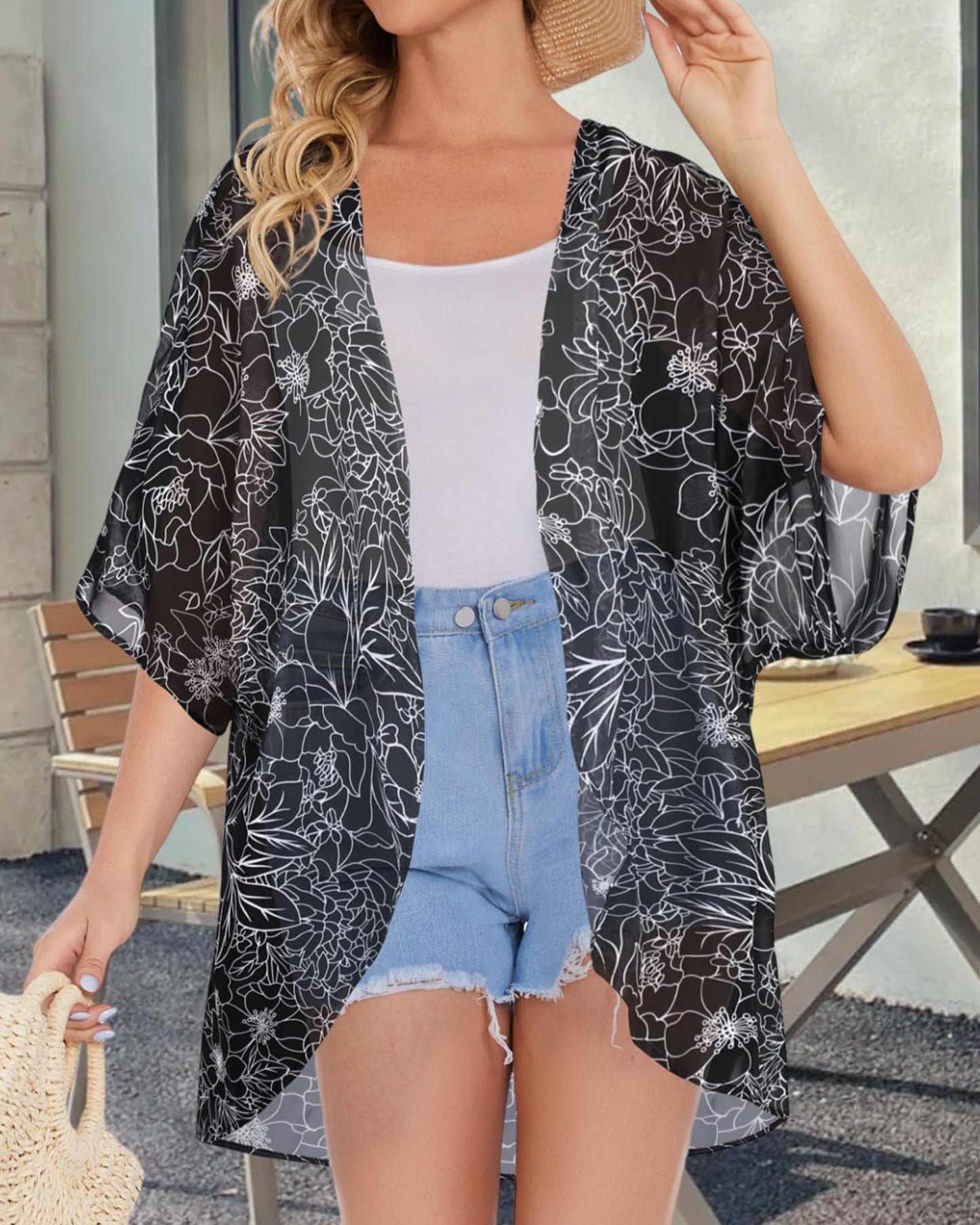 Womens Floral Kimono Cardigans Loose Puff Sleeve Casual Beach Coverups Tops (Black Brief Flowers,S)