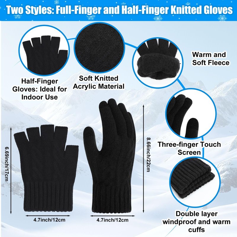 Chicingyou 8 Pcs Winter Warm Beanie Hat Scarf Glove Socks Set for Men Fleece Lining Thermal Knitted Earflap Cap Gift Outdoor(Black Gloves)
