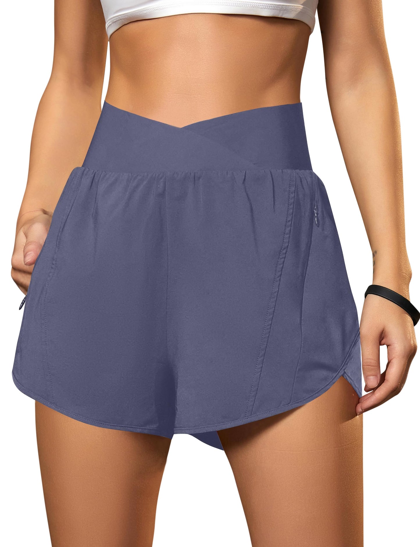 Blooming Jelly Women's Workout Shorts Athletic Running Cross V Cut Waist Work Out Preppy Shorts with Zipper Pockets (Bluish Grey,X-Large)