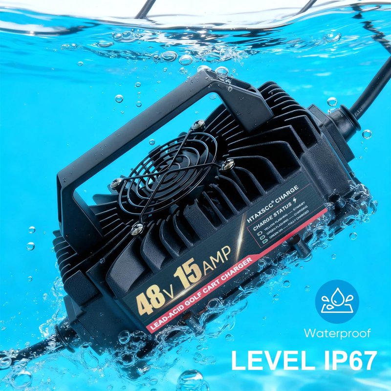 48 Volt 15 Amp Golf Cart Battery Charger for Club Car with 3-Pin Round Plug, Upgraded IP67 Waterproof Lead Acid Battery Charger