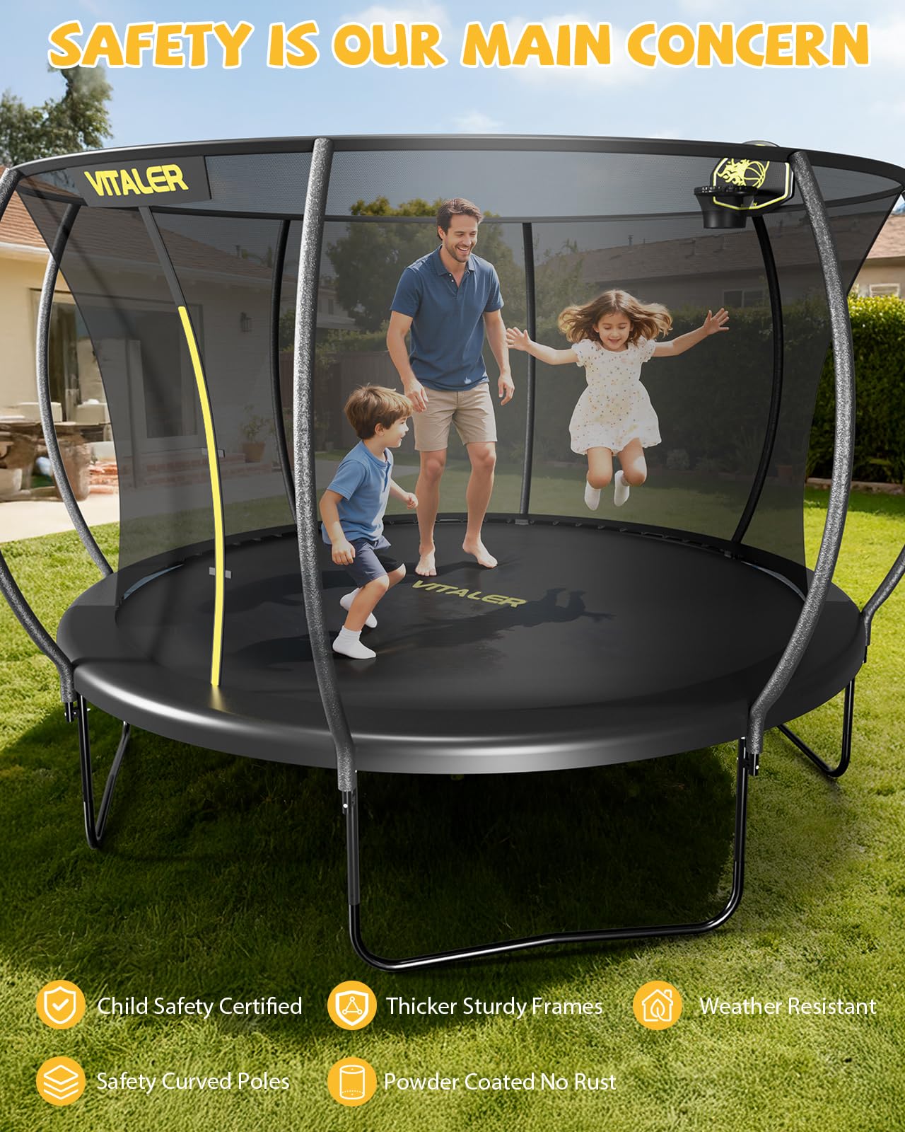 Vitaler Trampoline Outdoor 12FT with Basketball Hoop and Net Enclosure, Recreational Trampolines for Kids and Adults, Outdoor Backyard Trampoline with Anti-Rust Coated Frame, ASTM Approved