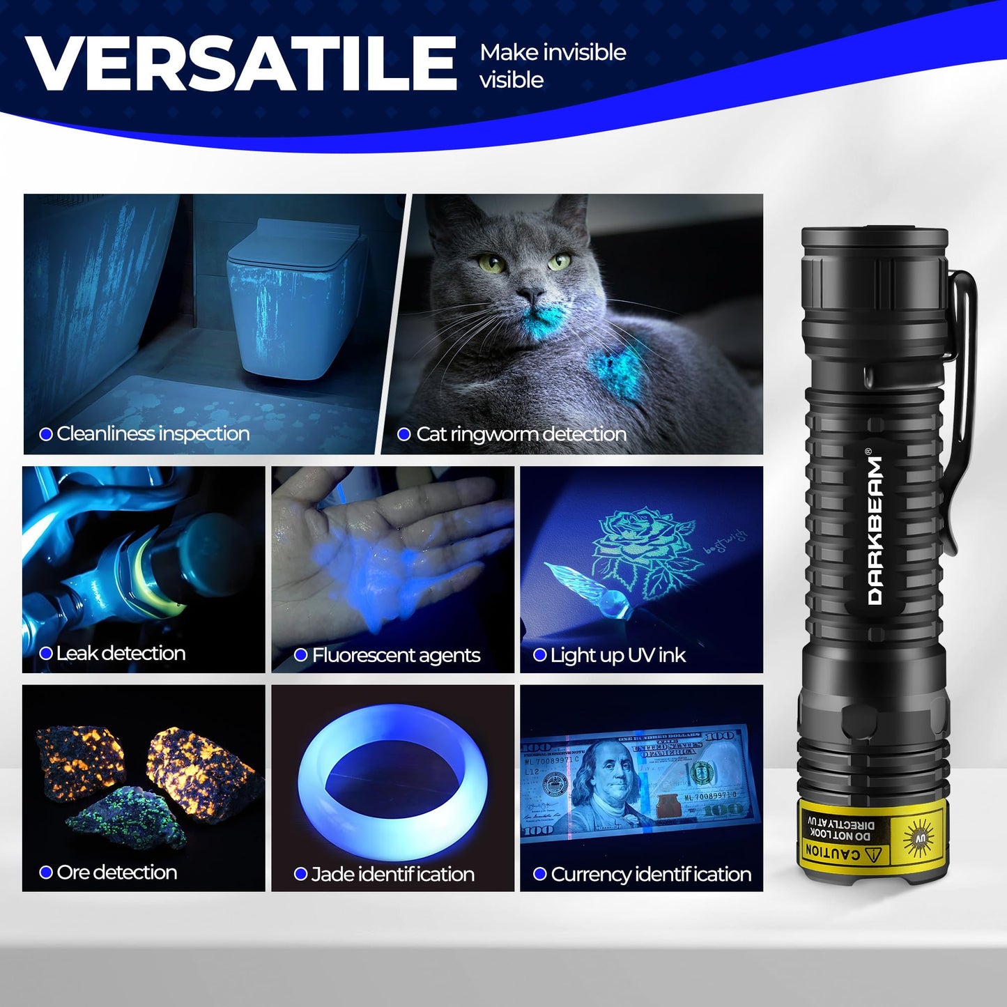 DARKBEAM UV Flashlight 365nm Blacklight LED Black Light, Mini but Powerful Woods Lamp Rechargeable Ultraviolet Flashlights USB -C, Pet Cat Urine Detector, for Uranium Glass, Rock, Resin Curing