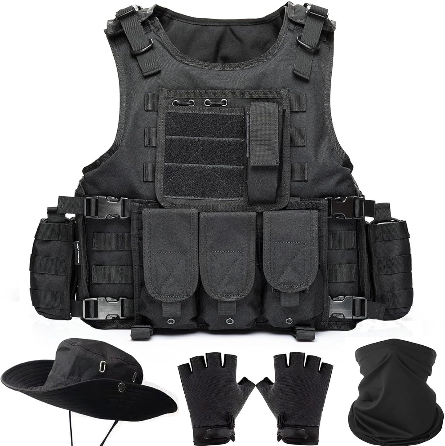 Tactical Molle Airsoft Vest with Pouches, Gloves & Balaclava | Military Costume Gear for Men