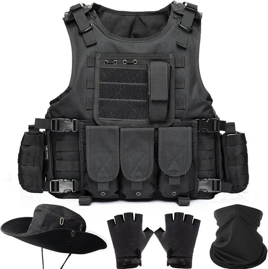 Tactical Molle Airsoft Vest with Pouches, Gloves & Balaclava | Military Costume Gear for Men