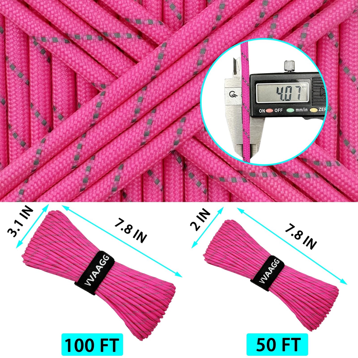 VVAAGG Pink Reflective Paracord Rope 100FT, 7 Strand Nylon para Cord Lanyard Utility 550 Parachute Cord, 4mm Thin Tent Rope for Outdoor Camping Hiking (Pink)
