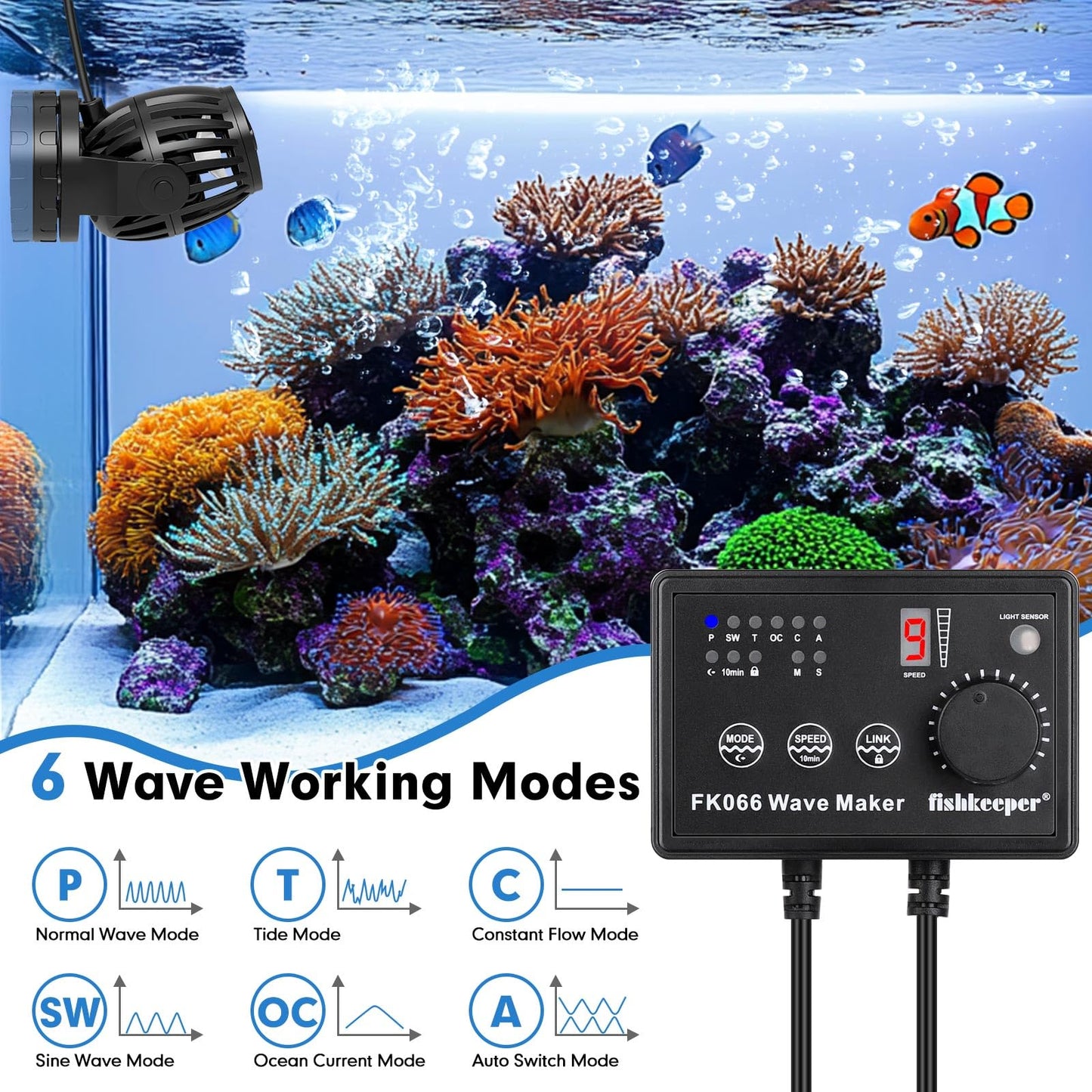 fishkeeper Aquarium Wave Maker, 1600GPH Adjustable Submersible Aquarium Powerhead with Magnetic Suction Base for 15-90 Gallon Tank Circulation Pump for Saltwater Freshwater