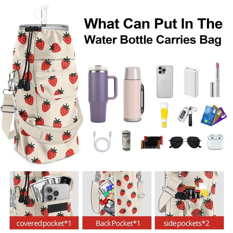 bolimoss Strawberry Water Bottle Holder with Strap 24 32/40oz Water Bottle Carrier Bag, Cute Water Bottle Sleeve with 4 Pocket, Sport Water Holder with Handle Shoulder Strap for Walking Hiking Camping