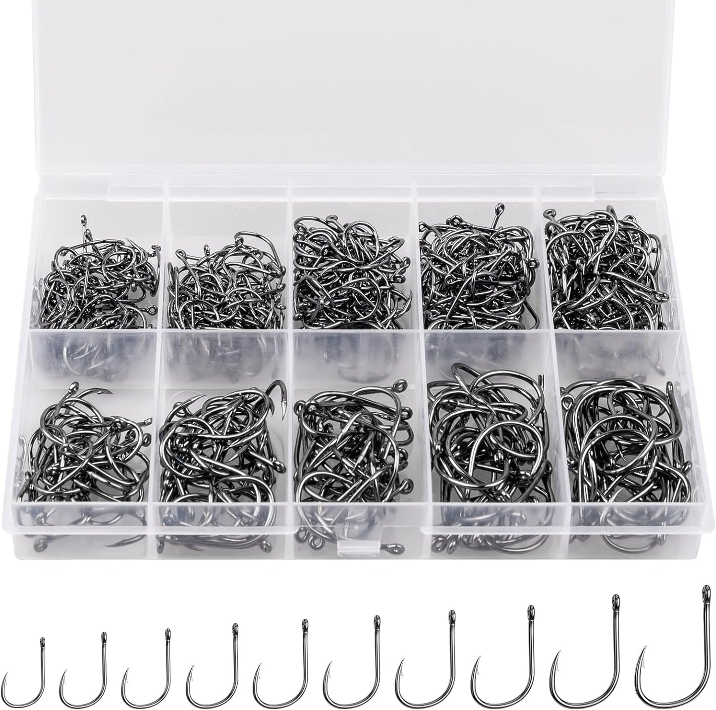ReeMoo Premium Fishing Hooks - 500PCS Carbon Steel Set | 10 Sizes with Portable Box for Freshwater & Seawater