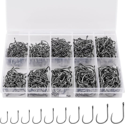 ReeMoo Premium Fishing Hooks - 500PCS Carbon Steel Set | 10 Sizes with Portable Box for Freshwater & Seawater