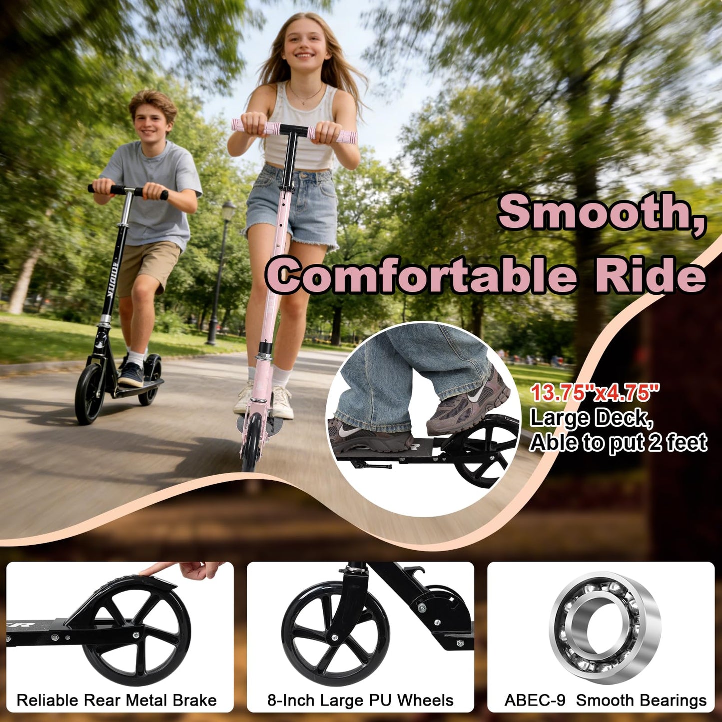 Kick Scooter Scooters for Kids Teens Adults - Heavy Duty Folding Scooters,Non-Slip Large Deck,Portable for Travel,Adjustable for 5-8 8-12 6+ Year Old Age Boys Girls Up to 300 Lbs - Black